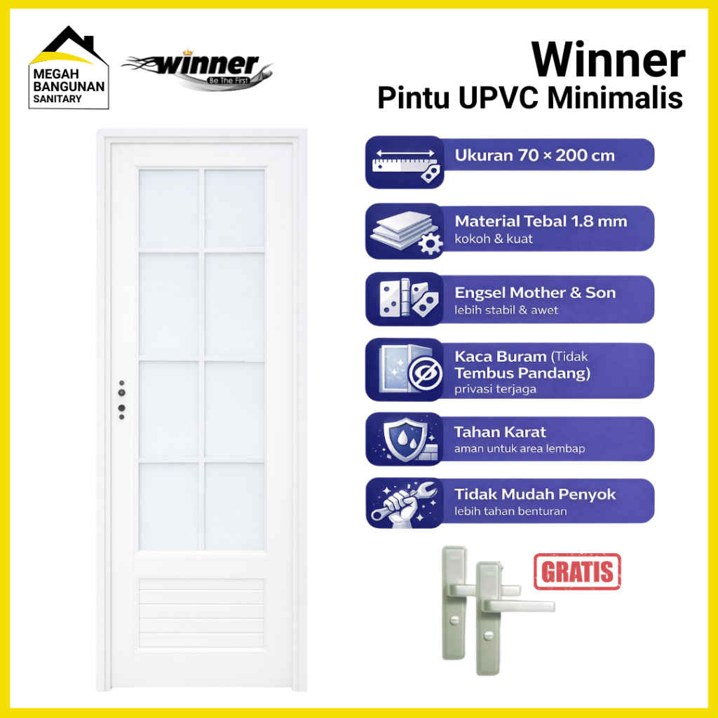 Pintu UPVC Winner WN018 Pintu UPVC Kamar Mani Minimalis 70x200 CM