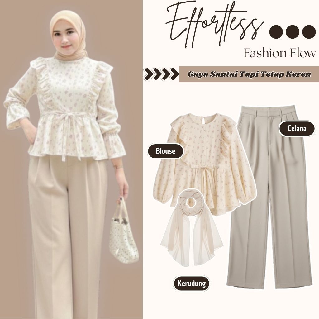 One Set Wanita Kekinian OOTD Korean ( Blouse Motif Floral + Celana Kulot + Hijab ) Outfit Cewe - 059