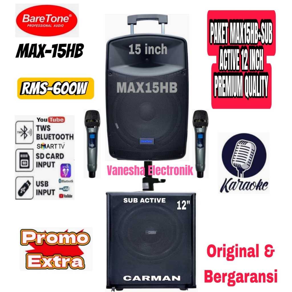 Paket Sound System Speaker Portable Baretone MAX15HB + Subwoofer 12 Inch Original Kualitas Premium
