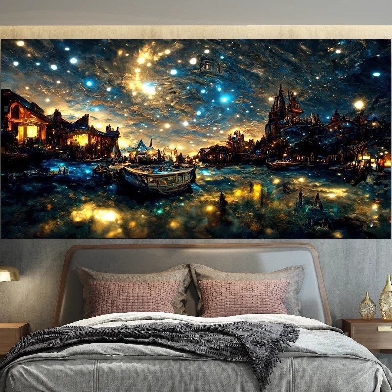 Kain latar bintang AI, kain hias dinding, kain hias unik, kain hias kamar tidur, kain hias kepala te