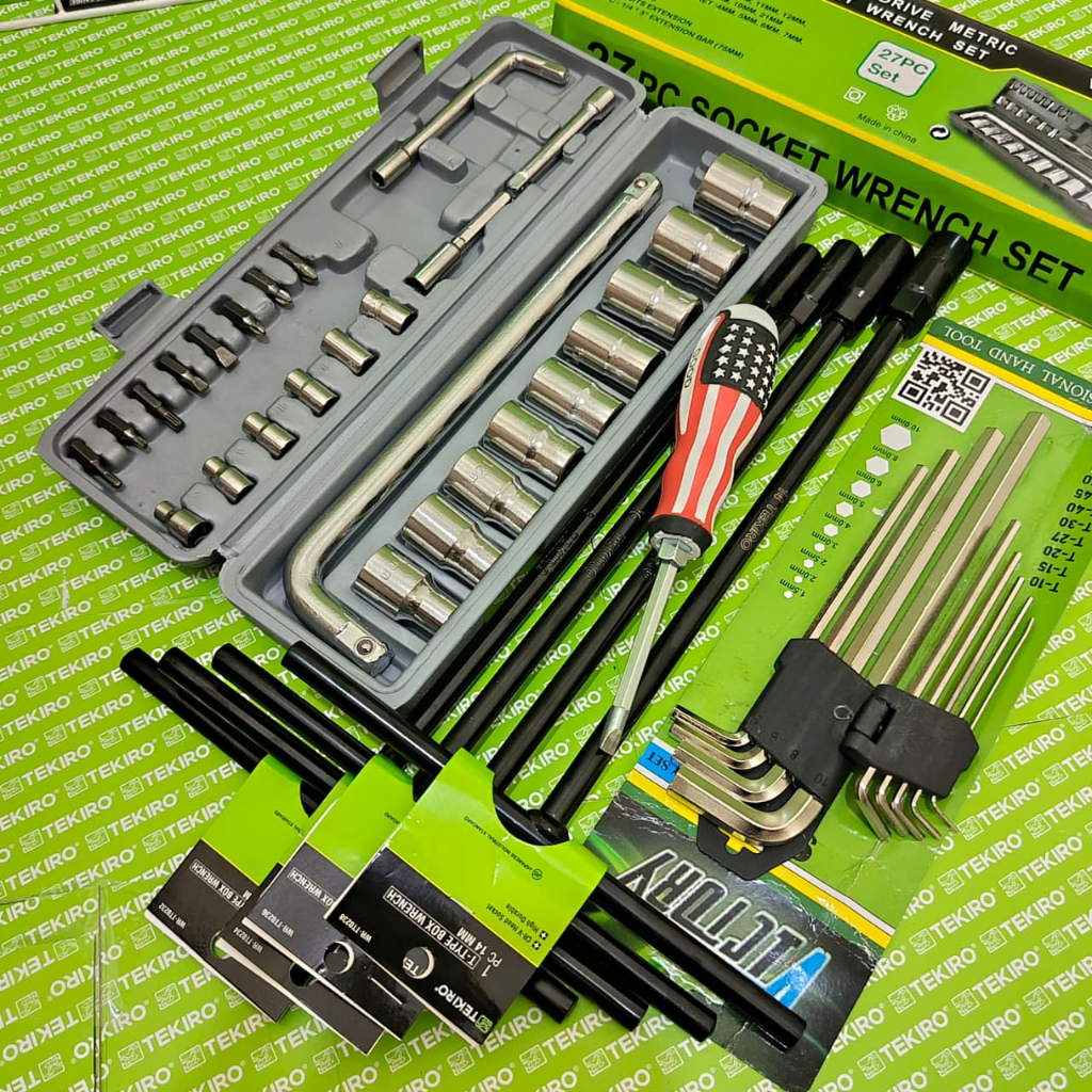 PAKET TEKIRO Kunci T 4pcs 8-10-12-14mm + Kunci Sok Shock 27pcs Victory + Kunci L Set 9pcs panjang