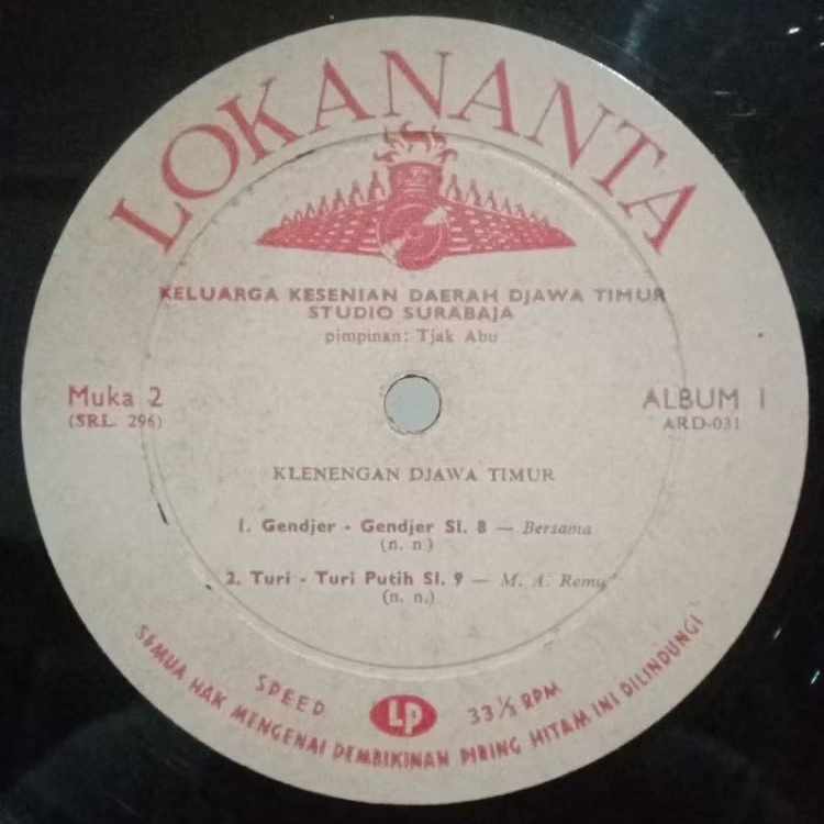 Vinyl Piringan Hitam 10 inch Klenengan Djawa Timur - Gendjer _ Gendjer, Turi _ Turi Putih