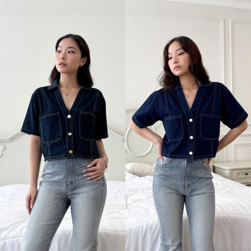 LADOUCE - Angie Crop Denim Top Atasan Jeans Wanita