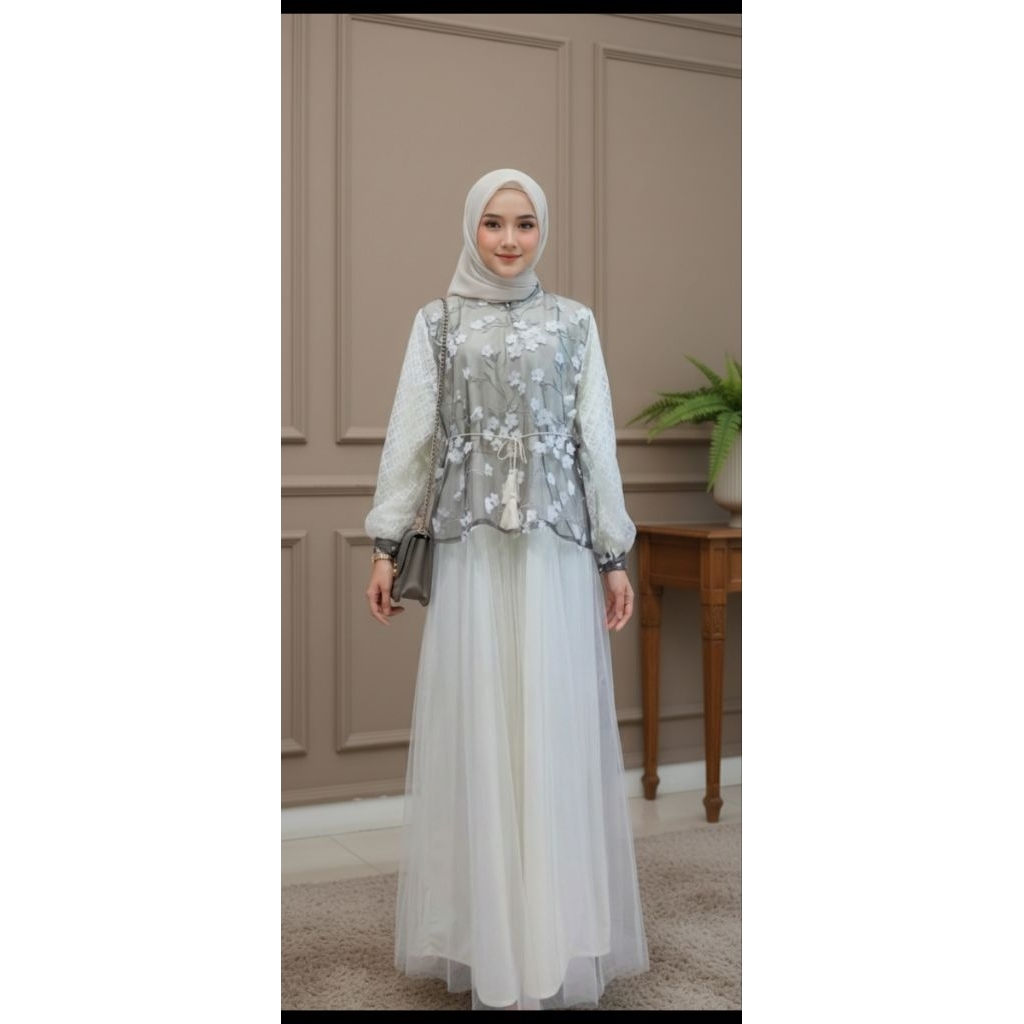 gamis tile bordir dilapisi ceruti mix brokat/dress tile bordir/gamis lebaran terbaru/gamis kekinian