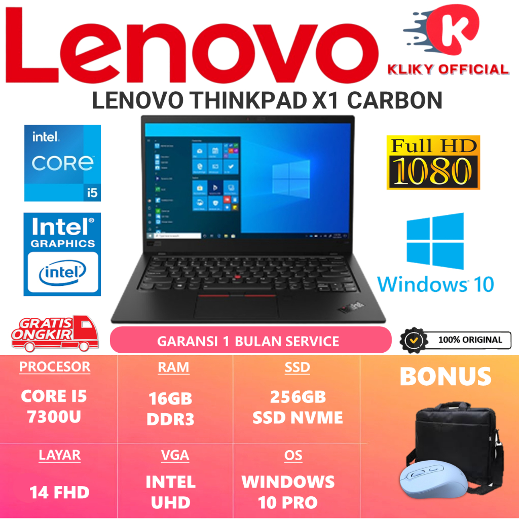 Laptop Second LENOVO THINKPAD X1 CARBON INTEL I5 7300U RAM 16GB SSD 256GB 14.0 FHD WINDOWS 10PRO