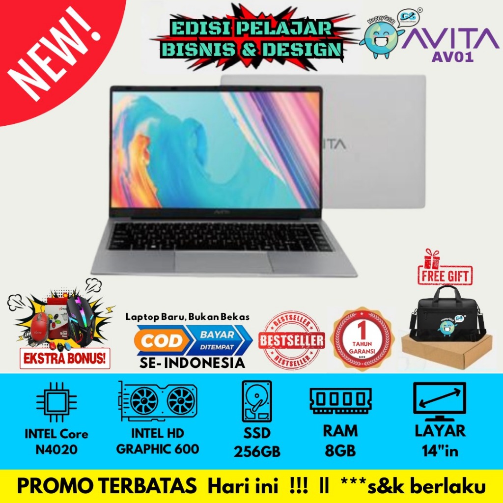 Laptop Baru RAM 8GB SSD 256GB LAYAR 14” Windows 11 Original | LAPTOP AVITA SATUS S101