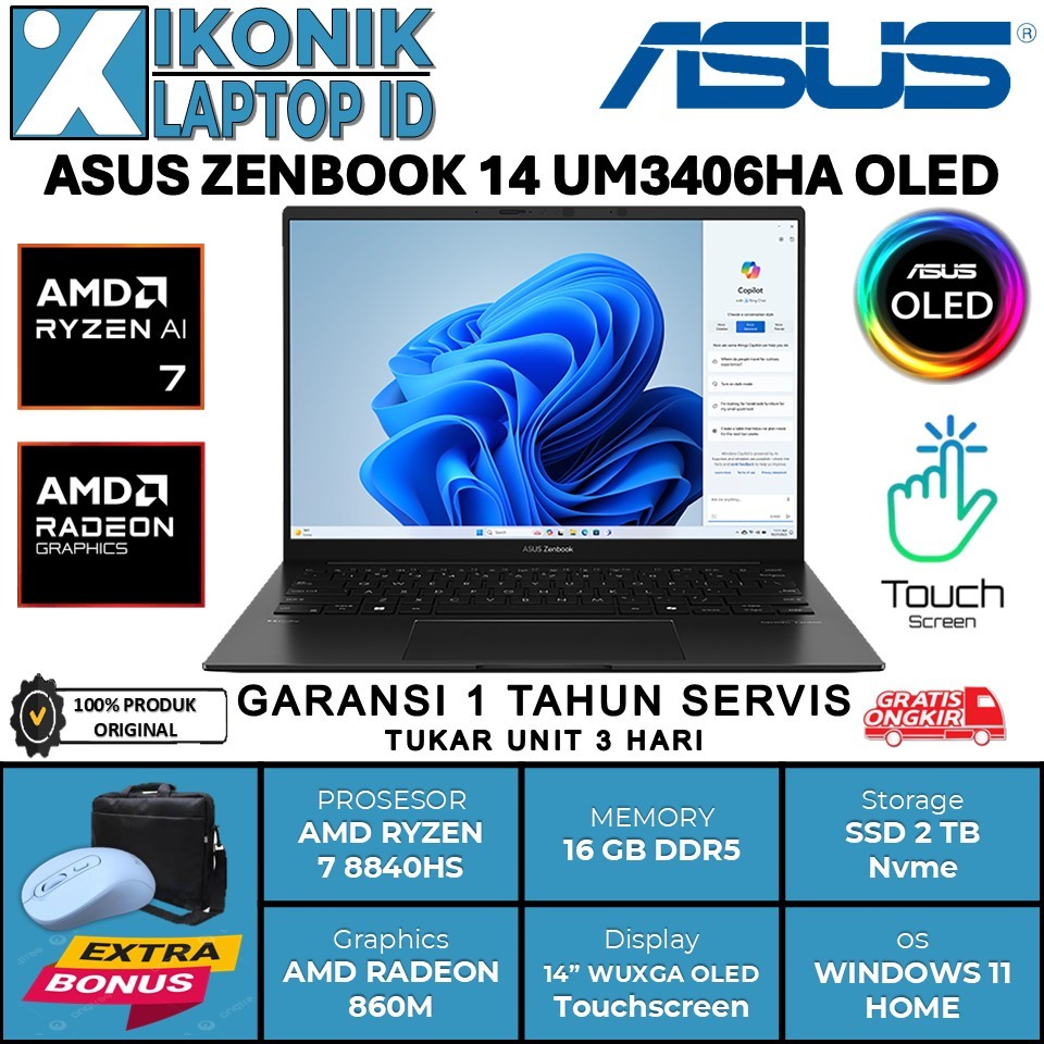 Laptop ASUS ZENBOOK 14 OLED UM3406HA Ryzen 7 8840HS 16GB 2TB SSD 14 WUXGA OLED Touch Windows 11