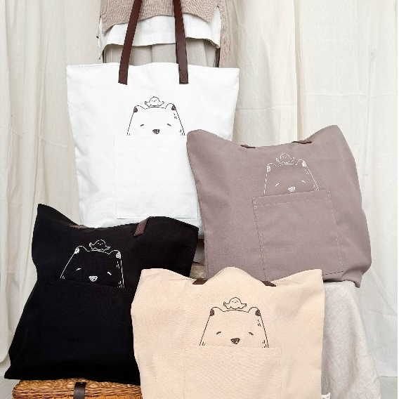 BIG BEAR AND BIRD - BEARY BIG TOTE BAG CANVAS AESTHETIC, KOREAN TOTE BAG, BIG CANVAS BAG