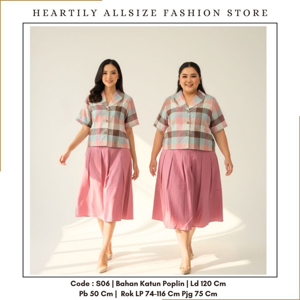 [ HEARTILY FASHION ] S06 Set Wanita Allsize Kotak Kotak LD 120 - Rok LP 75-116 cm Karet Pinggang Kat