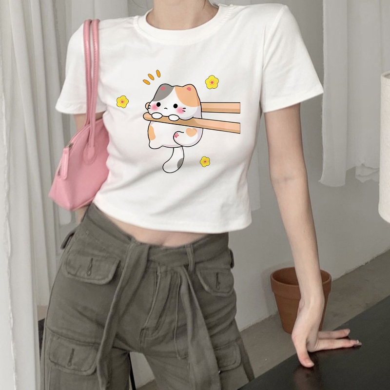YlKOO - Crop Top Kaos Cetakan Kucing Gemuk Yang Lucu T Shirt  Lengan Pendek Wanita Baju