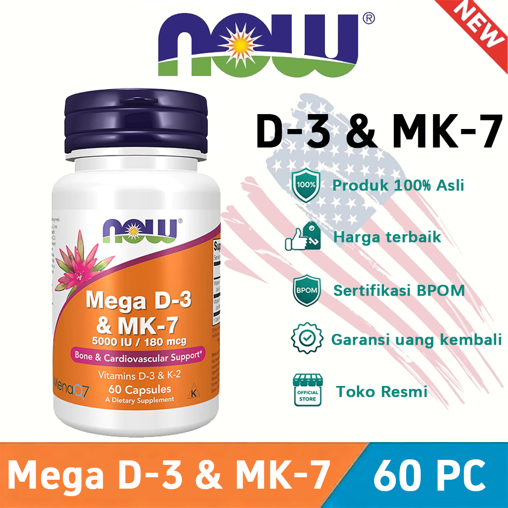 Now Foods Mega D3 5000IU 180mcg K2 MK7[NEW][100%Impor asli][COD]D-3 & MK-7 (5000 IU/180 mcg) 60 Caps