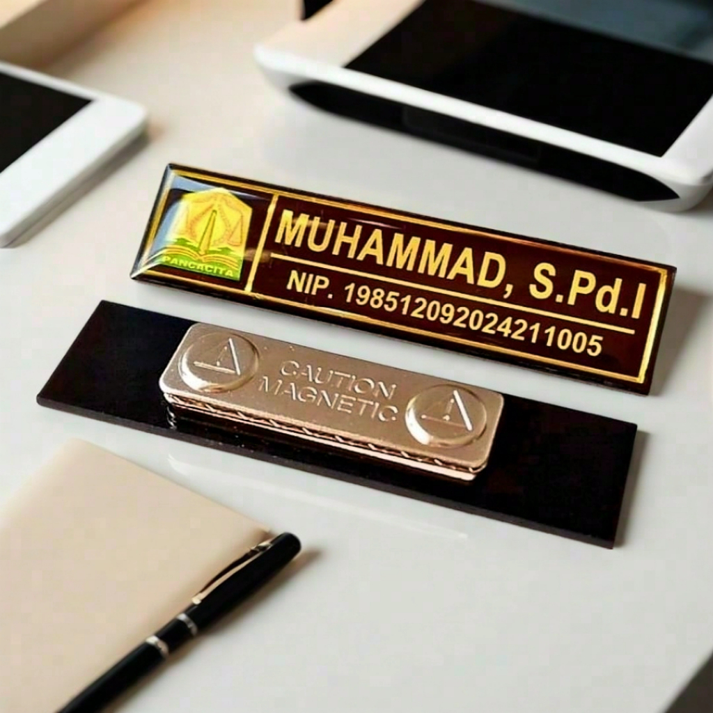 Name Tag Gold Magnet Akrilik Custom Desain Nama dan Logo / Name Tag ASN PNS PPPK