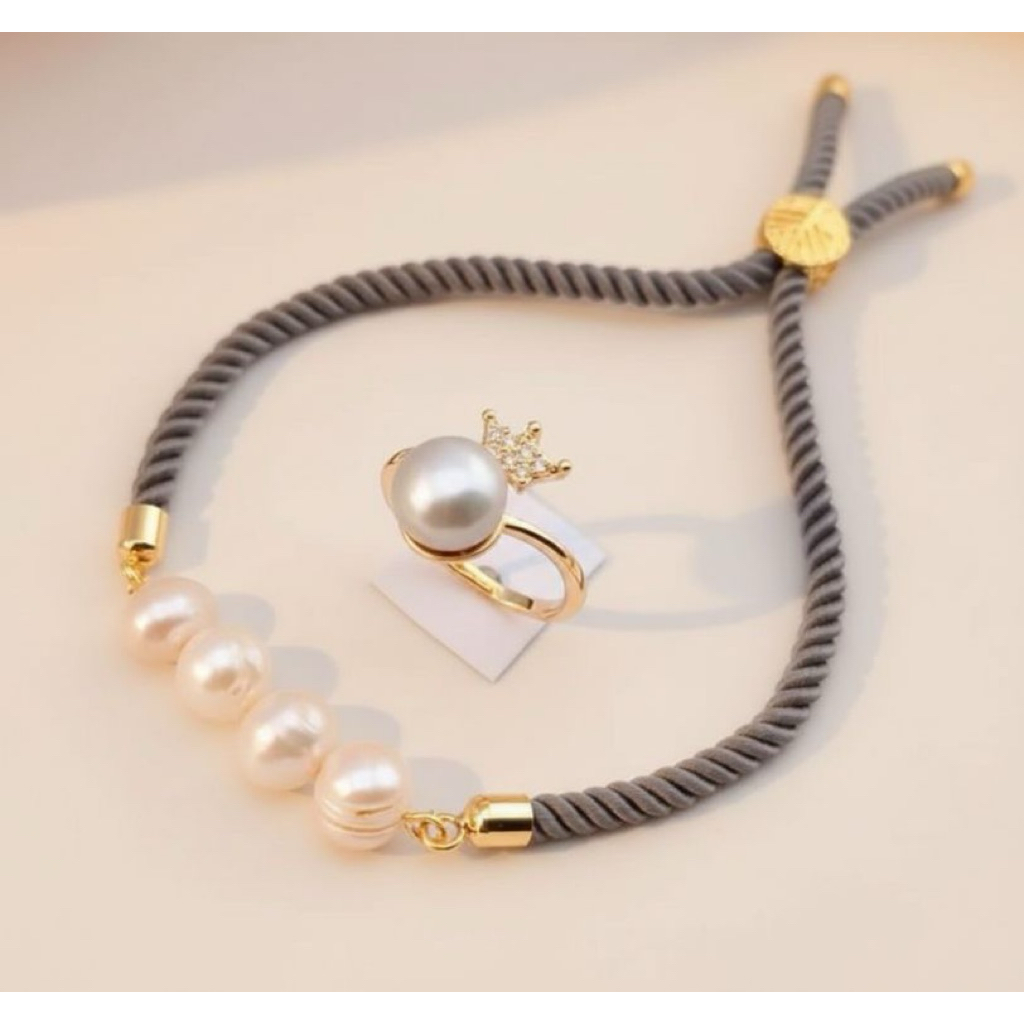 paket Set Aksesoris Perhiasan Gelang serut tali Cincin Rhodium Lapis Emas 18 Karat Mutiara Air Tawar