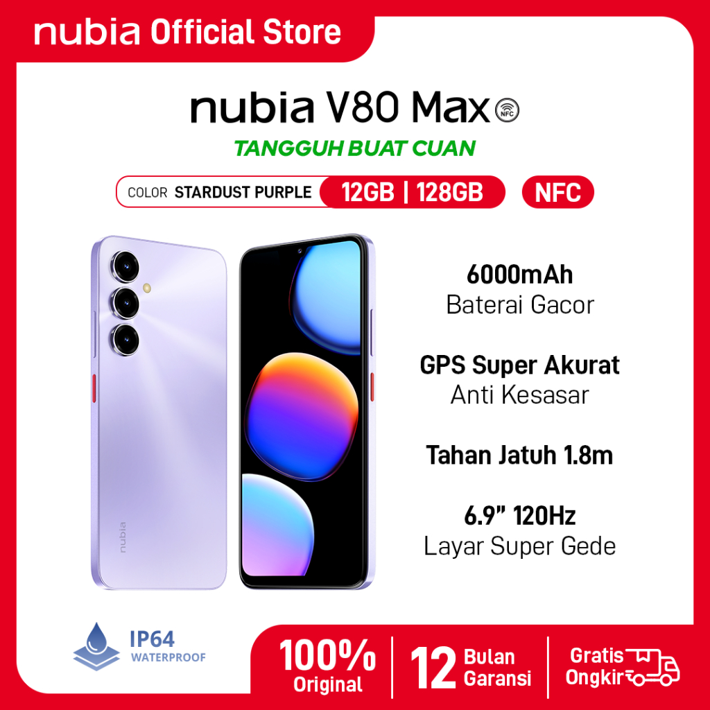 Handphone nubia V80 Max ROM 128 GB RAM 12 GB (6 GB + 6 GB) Smartphone Layar 6.9" HD 120Hz, Baterai 6000mAh Fast Charging GPS Turbo - Gambar 3