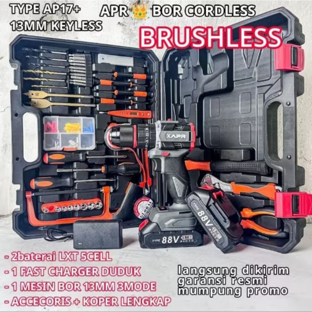 MESIN BOR BATERAI APR AP17+ 88V CORDLESS IMPACT DRILL 88V APR AP17+ BRUSHLESS FULLSET BOR BETON 13MM