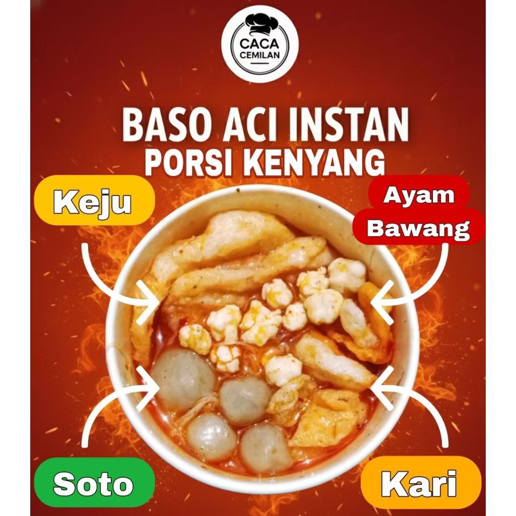Baso Aci Instan by Caca Cemilan Porsi Kenyang - Boci Kuah Pedas Varian Ayam Bawang Soto Kari Keju