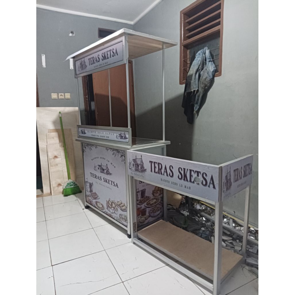 booth portable- grobak lipat -alumunium+ meja kompor+ gambar