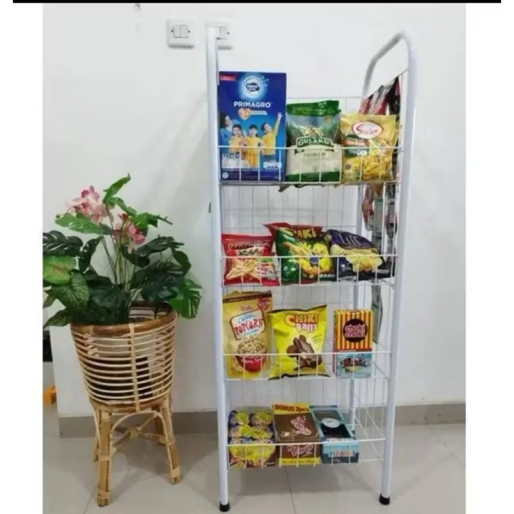 Rak chiki ekonomi warna putih susun 4/Rak display/Rak minimarket/Rak ciki/Rak dapur/rak piring/rak k