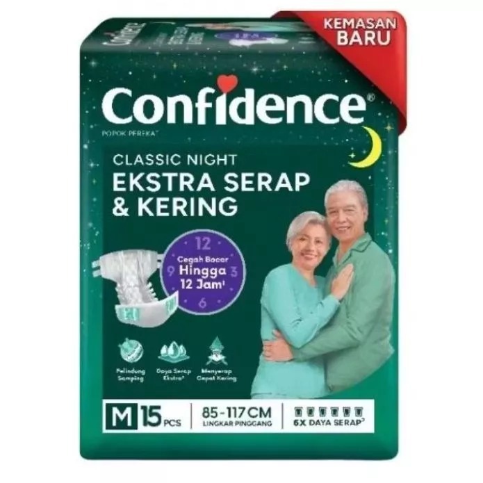Confidence Popok Dewasa Perekat Classic Night Ekstra Serap & Kering M15 Pamper Perekat Tape Orang Tu