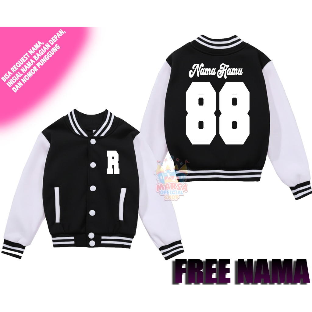 Jaket anak varsity initial R no 8 bisa custom design free nama - Jaket varsity anak gratis tambah na