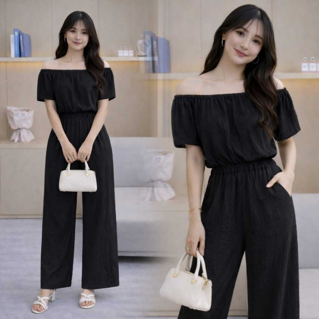 { THABI } ST CROP FUJI STELAN CRINKLE WANITA ONE SET BAJU WANITA KOREA SETELAN MODEL SABRINA SIMPEL 