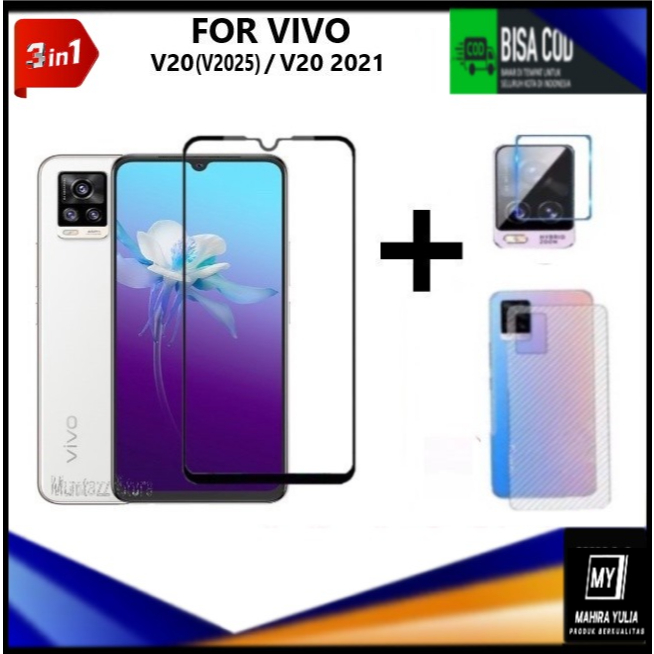 Promo Paket 3in1 Tempered Glass Vivo V20 ( V2025 ) V20 2021 Full Cover Anti Gores Kaca Full Layar Sc