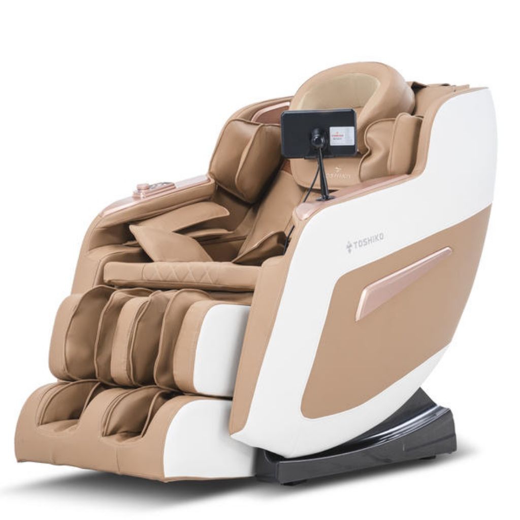 Kursi Pijat Toshiko T81 Roller 3D, Pijat Udara Kepala-Bahu-Lengan-Pinggul-Betis, Pemanas Inframerah, Kontrol Suara, Coklat Putih