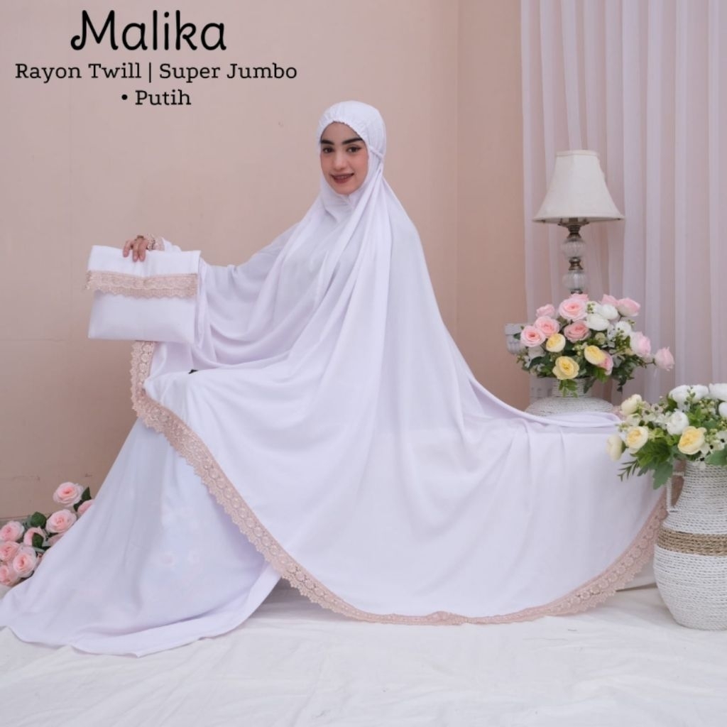 MUKENA MALIKA *PUTIH* , mukena polos, mukena rayon twill kombinasi renda