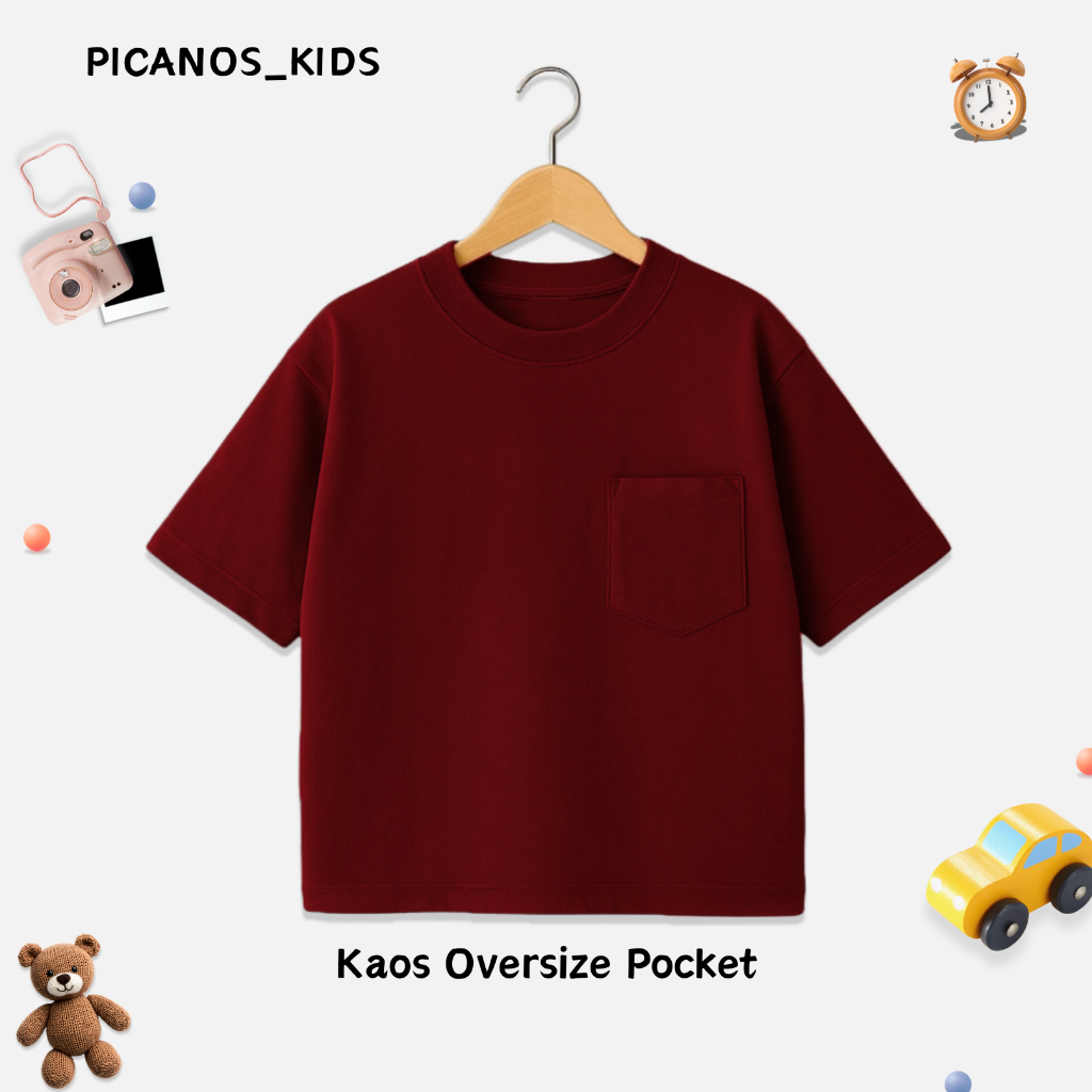 PICANOS KIDS - Kaos Pocket Anak Oversize Maroon / Kaos Polos Anak Marun / Baju Pocket Anak PS021