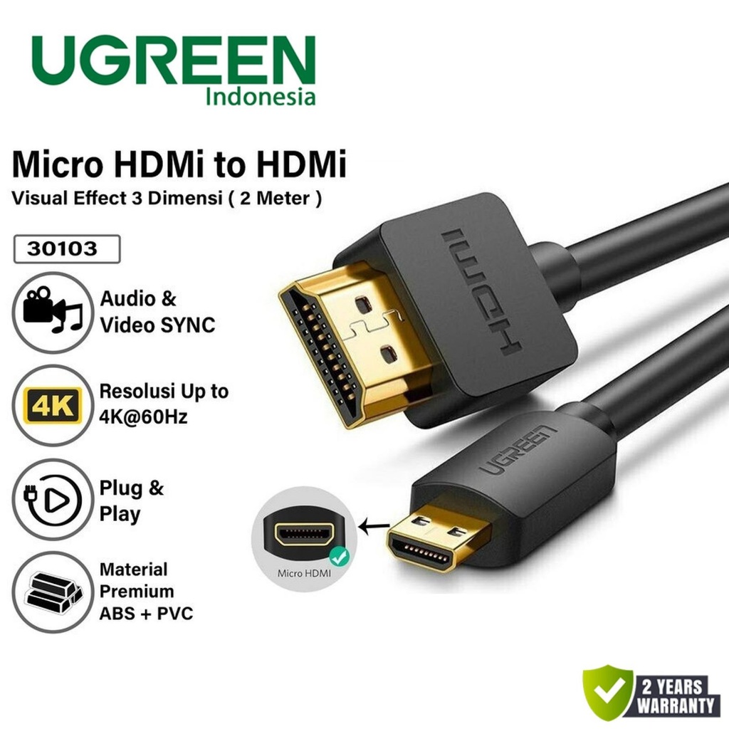 UGREEN Micro HDMI To HDMI Cable 2m Black - 30103