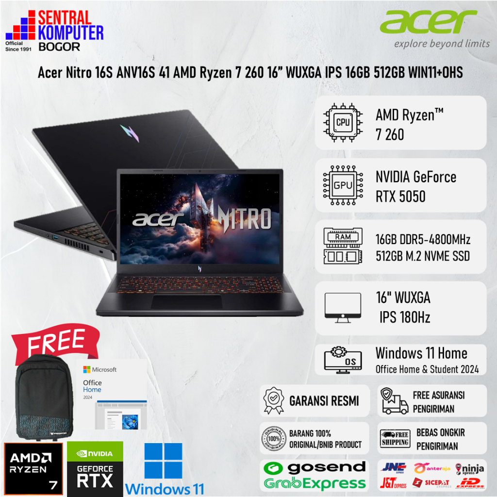 Acer Nitro 16S ANV16S 41 AMD Ryzen 7 260 16 Inch WUXGA IPS 16GB 512GB WIN11+OHS