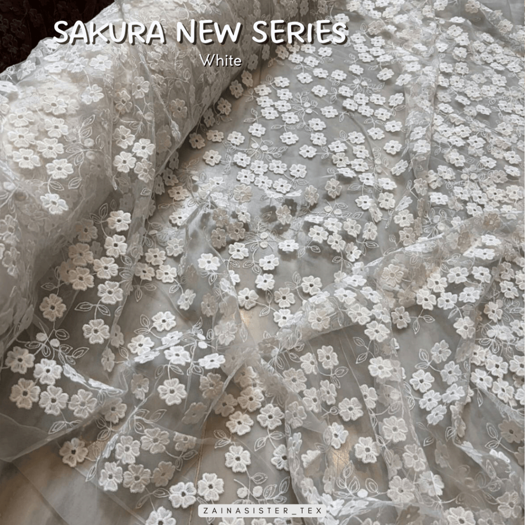 Brokat Tile Premium Mewah Motif Bunga Warna Putih Sakura Series HARGA SETENGAH METER