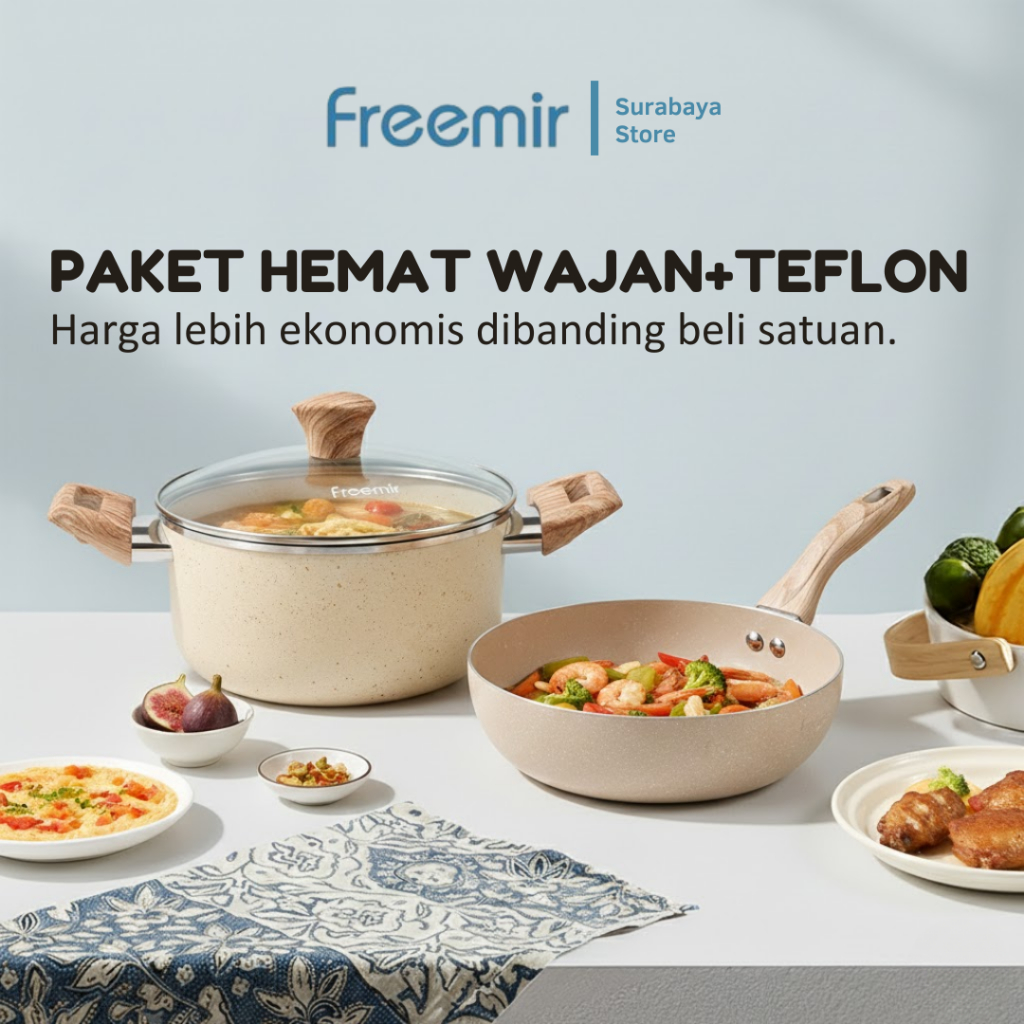 [Surabaya] freemir Paket Hemat Set Wajan & Panci Teflon 20cm Anti Lengket Tutup Kaca Tebal Premium