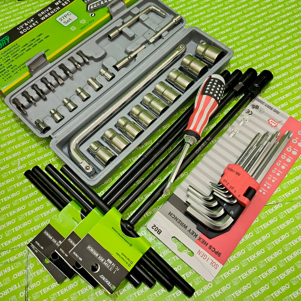 TEKIRO Paket Lengkap Kunci Sok T 8-10-12-14mm / Kunci Sok Shock 27pcs Victory / Kunci L Soligen Set 