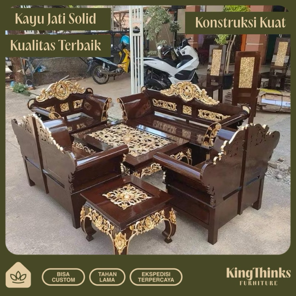 Kursi Tamu Model Madura Matahari Formasi 3211+1Meja+Meja Kecil, Bahan 100% Kayu Jati Sudah Kaca Meja