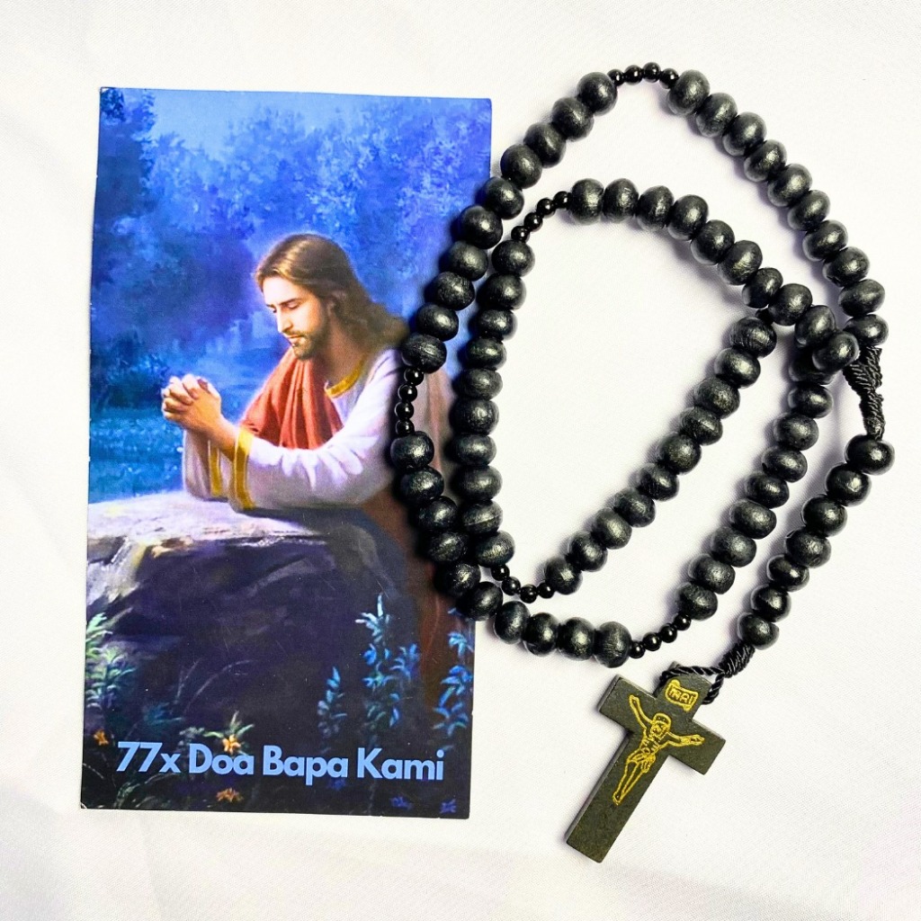 Paket doa rosario 77 bapa kami kayu warna hitam - kalung