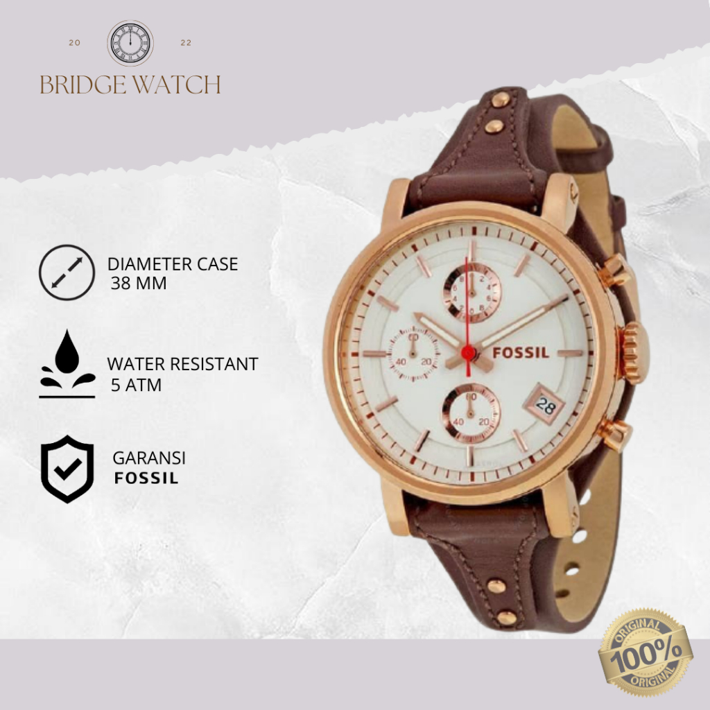 Jam Tangan Wanita Fossil Boyfriend ES3616 Analog Chronograph Brown Leather Casual Original