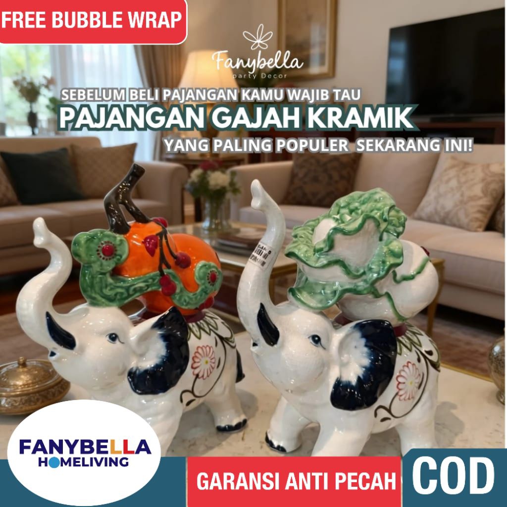 Pajangan keramik gajah biru putih mewah import dekorasi hiasan rumah