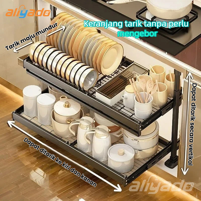 Rak Piring Keranjang tarik sudut lemari dapur Tanpa mengebor / sudut kiri dan kanan keranjang tarik 