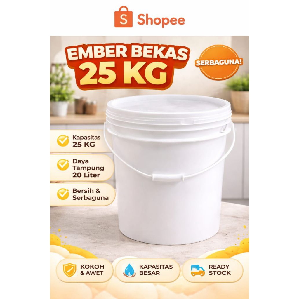 Ember Tutup 25 Kg / 20 Liter putih polos dan bersih Bekas Sekali Pakai sudah di cuci