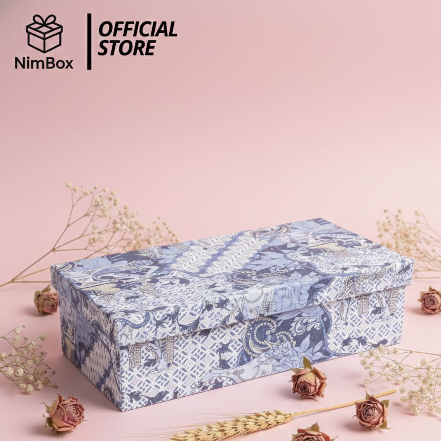 NimBox Kotak Penyimpanan Barang Motif Kertas Kado Batik Biru Hardbox 24x15x9 Kotak Kado Kotak Hamper