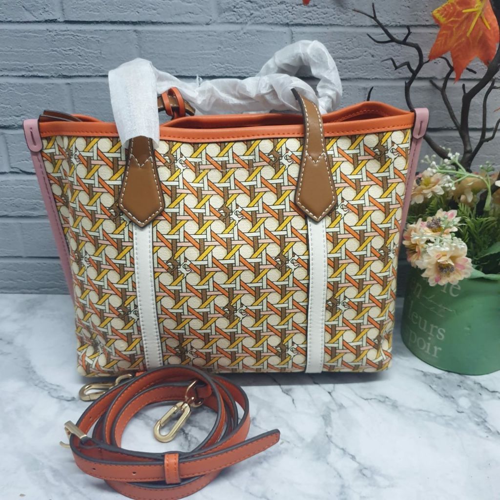 TB Perry Printed 80362 Canvas Triple-Compartment  Tote Orange Caning Logo Geo Comboe