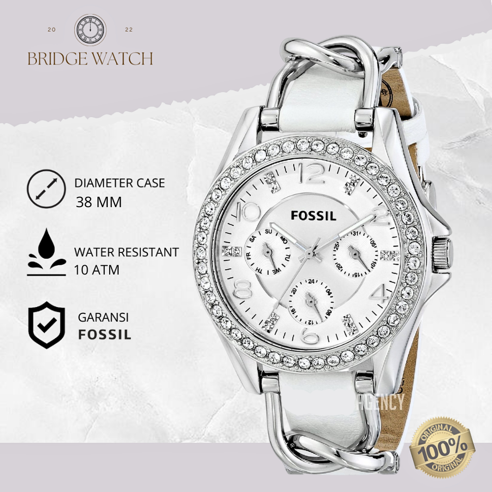Jam Tangan Wanita Fossil ES3463 Riley Chronograph White Leather Strap Kulit Original