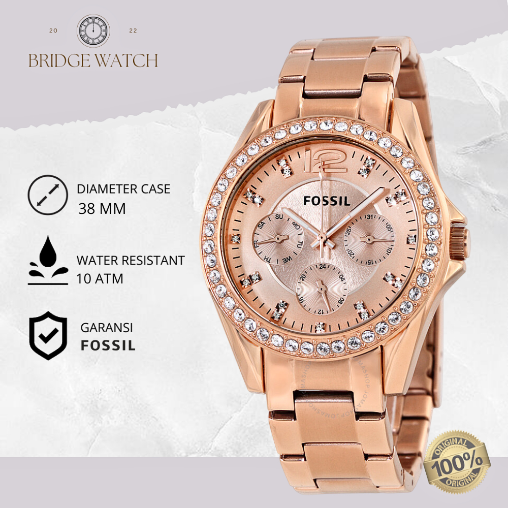 Jam Tangan Wanita Fossil Riley ES2811 Chronograph Rosegold Stainless Steel Mewah Original