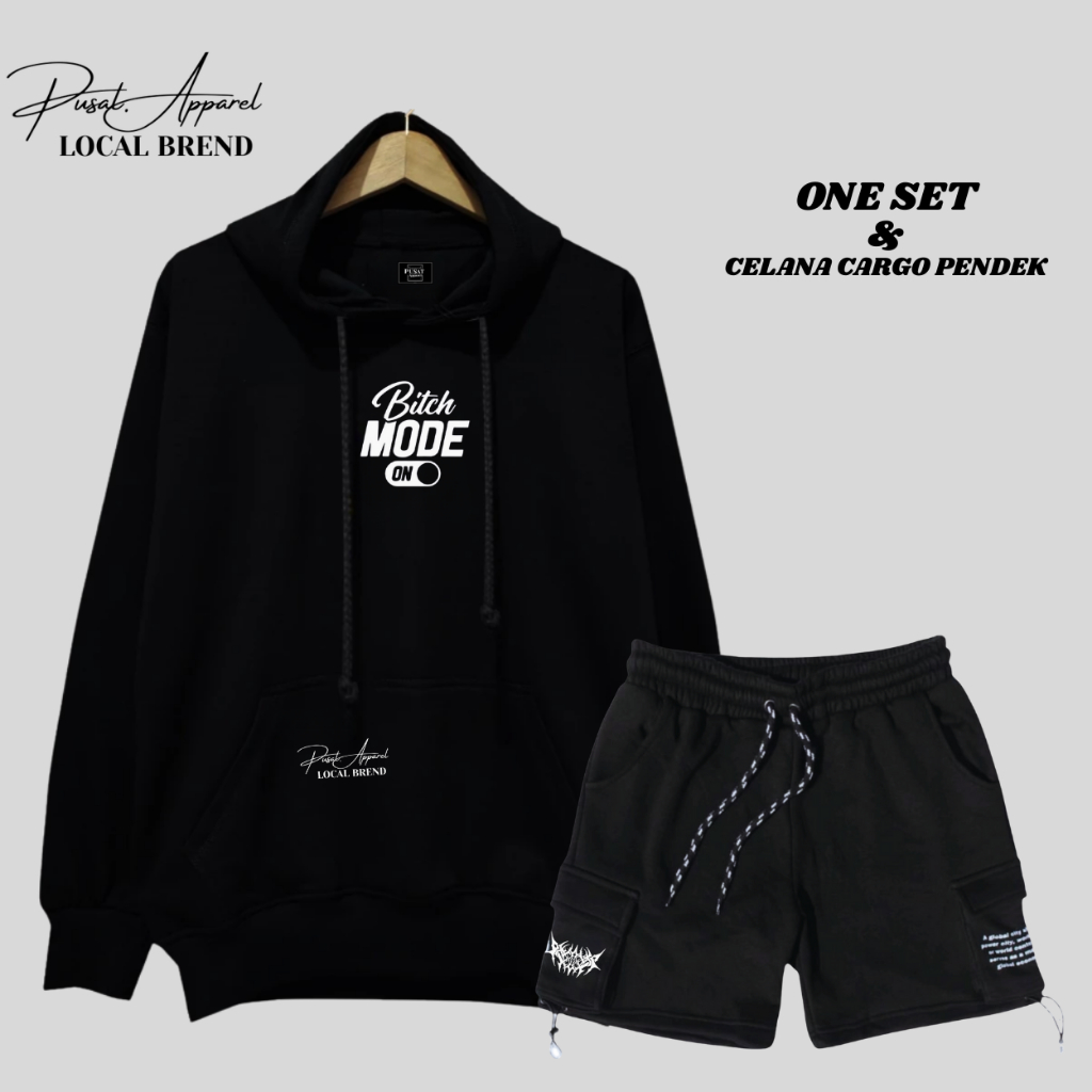Oneset Sweater Hoodie & Celana Cargo Pendek Pria Wanita Terbaru Terlaris Distro Bandung Warna Hitam 
