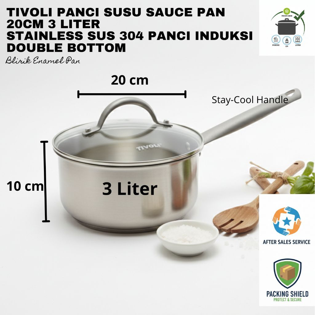 Tivoli Panci Susu Sauce Pan 20cm 3 Liter Stainless SUS 304 Double Bottom - Panci Induksi Masak MPASI