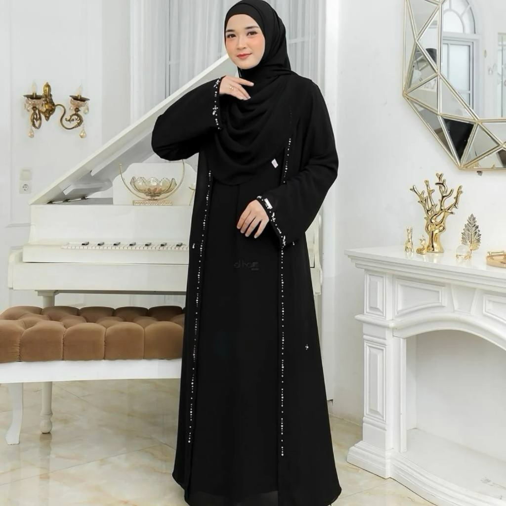 Mahreen Abaya Wanita Bahan Ceruty Babydoll Payet Mutiara Zipper Depan Hitam Putih Abaya Lebaran OOTD