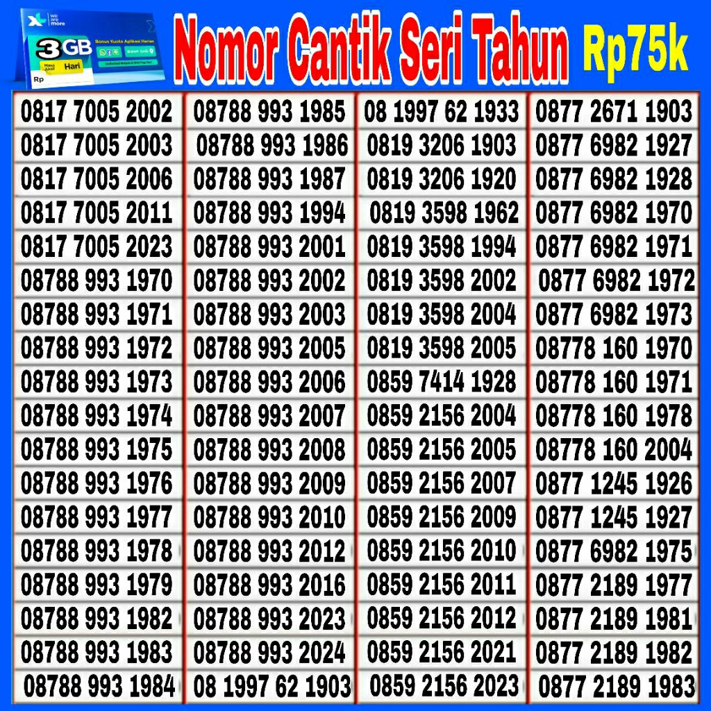 Nomor Cantik XL murah   nomor cantik XL Seri Tahun lahir