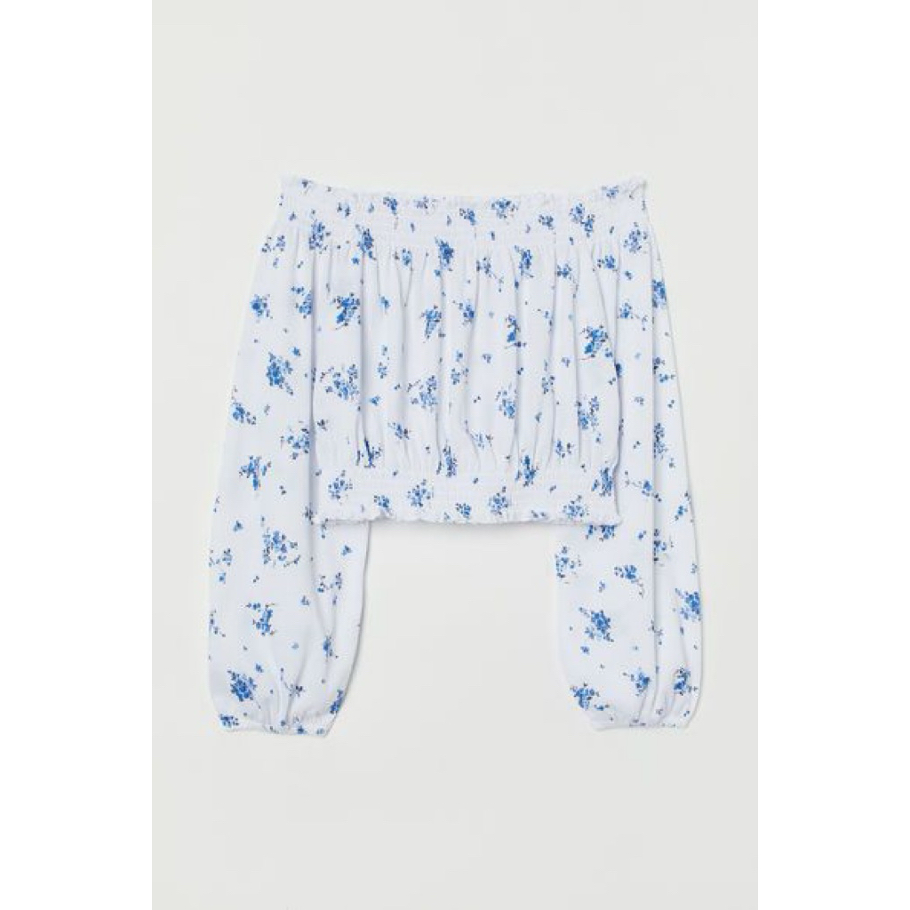 [H&M] Off-Shoulder Smocked Crop Top - Blue Floral Print Puff Sleeve Blouse (Cottagecore Style)