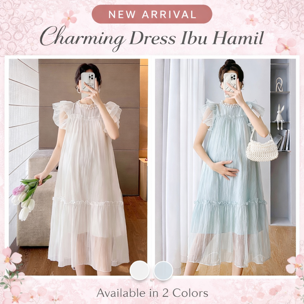 Dress Ibu Hamil Muda Premium Import - Baju Hamil Pesta Korean Style Tulle Mutiara - Dress Hamil Kond